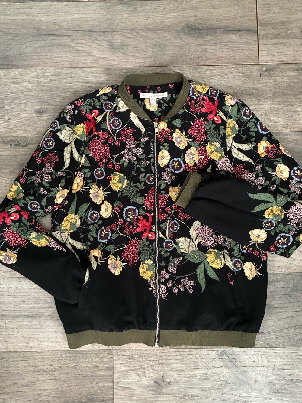 Zara Black Floral Bomber Jacket with Olive Trim